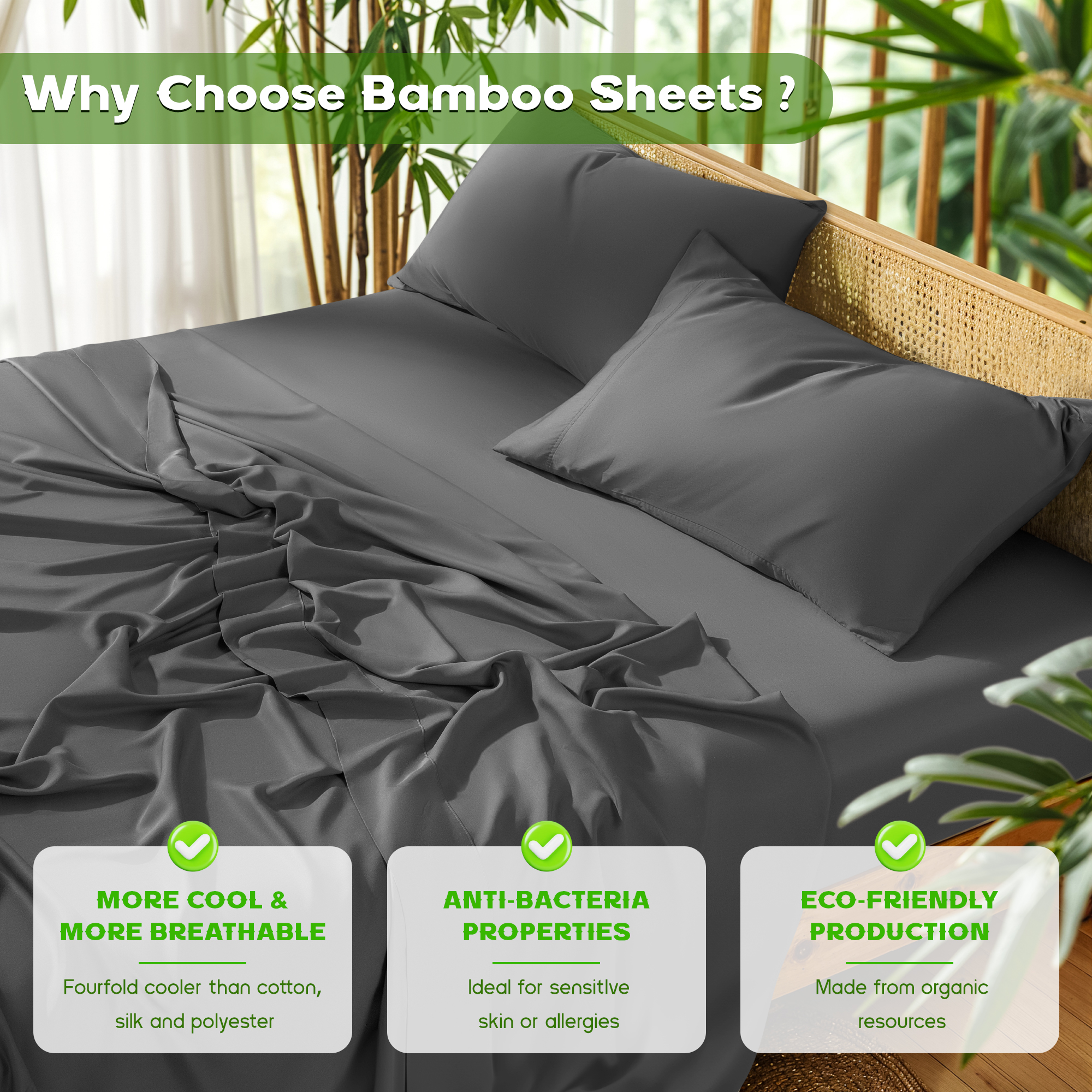 Sonoro Kate Bamboo Fiber Queen Sheet Set, 4-Piece, Dark Gray photo 3