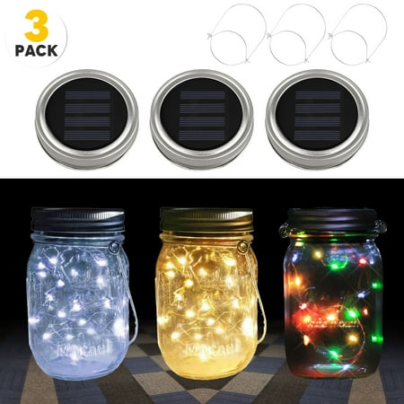 Insert Lead - EEEKit Solar Mason Jar String Light Lids, 3 Pack 10 LED Fairy Firefly String Light Inserts with 3 Hangers Starry Lighting, Waterproof and Rust Resist for Patio Lawn Garden Wedding