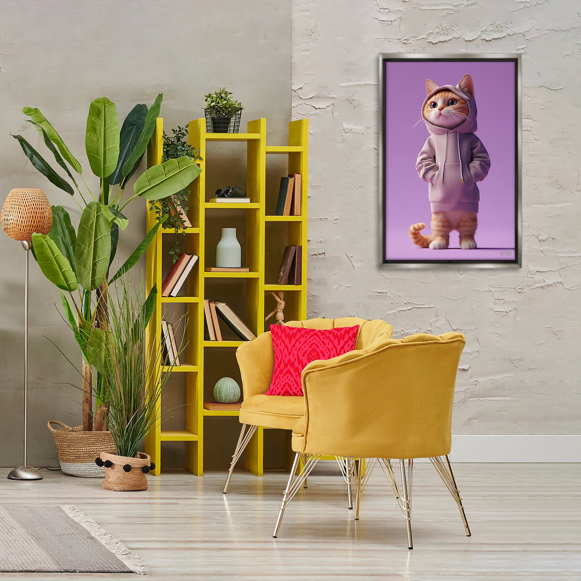 Stupell Industries Trendy Cat in Purple Animals & Insects Painting Gray Floater Framed Canvas Art Print Wall Art, 21 x 31
