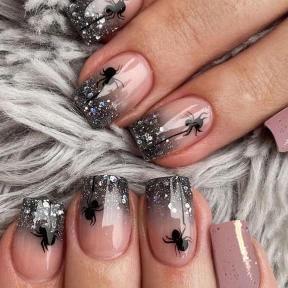 Press on Nails BDKAIWU Halloween, tamaño mediano, cuadrado, negro, 24 unidades