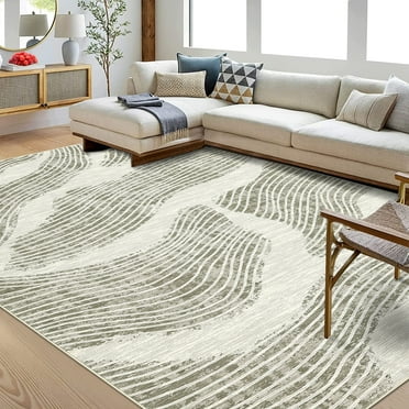 Assile Washable Area Rug 5' x 7' Rugs for Dining Room Modern Abstract Geometric Striped Carpet, Beige