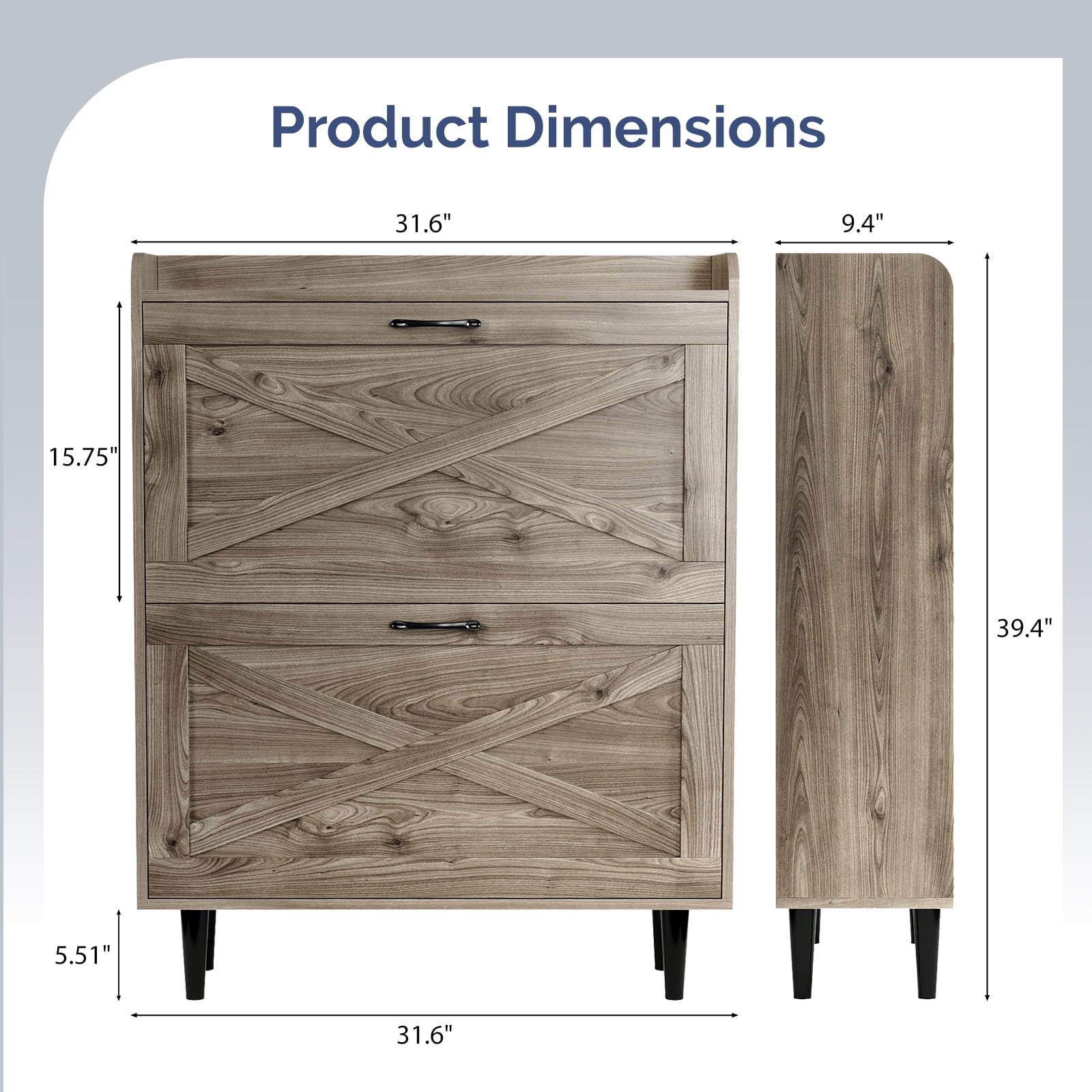 2-Drawer Barn Door Shoe Cabinet with Side Panel Countertop Melamine Board Embossed MDF Shoe Cabinet, 31.61*9.45*39.37in, Grey Oak