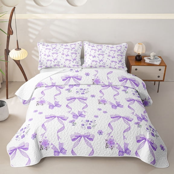 Erosebridal Kawaii Ribbon Bowknot Twin Quilt Set,Chic Floral Bow Twin Coverlet Set for Teens Girls