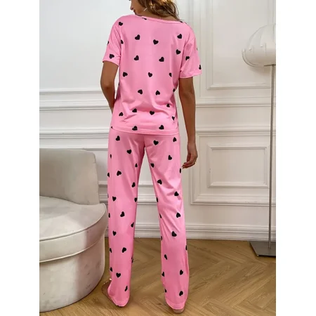 

Comfy Heart Pattern Pajama Set For Valentine‘s Day Short Sleeve Round Neck Top & Pajama Pants Women‘s Sleepwear & Loungewear