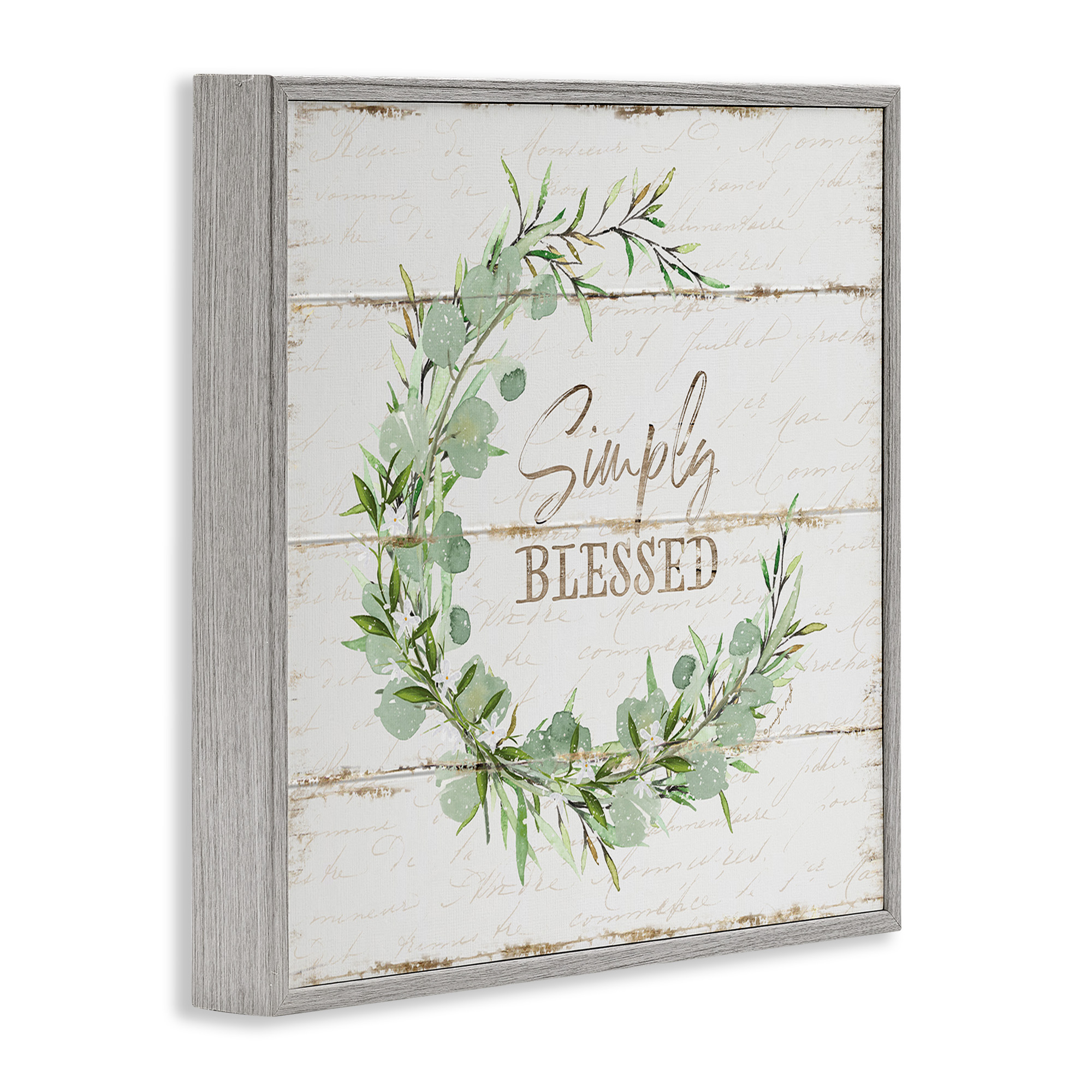 Stupell Industries Simply Blessed Rustic Wreath Typography Painting Gray Framed Art Print Wall Art, 17 x 17