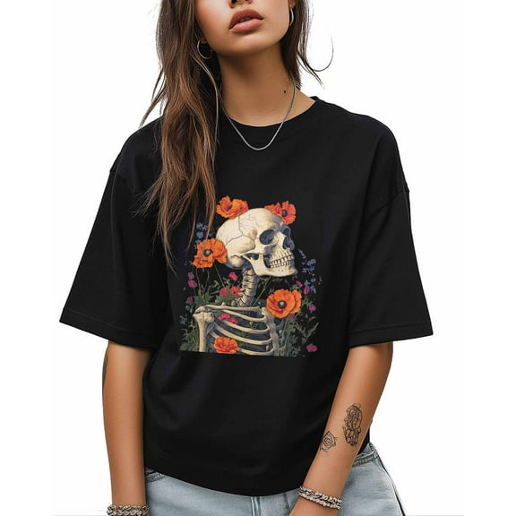 T Shirts for Women Short Sleeve Cotton Crewneck T-Shirt, Vintage Skull Poppy Human Skeleton Tee Tops Casual Basic T-Shirts, XS-5XL Black L