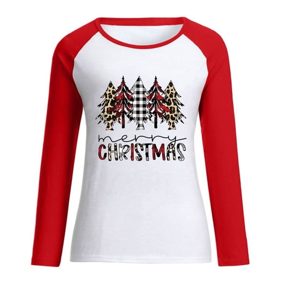 Lyinloo Womens Christmas Shirt Holiday Season-Gift For Lover Long Sleeve T-Shirt Ladies Fit Color Matching Stitching T-Shirt