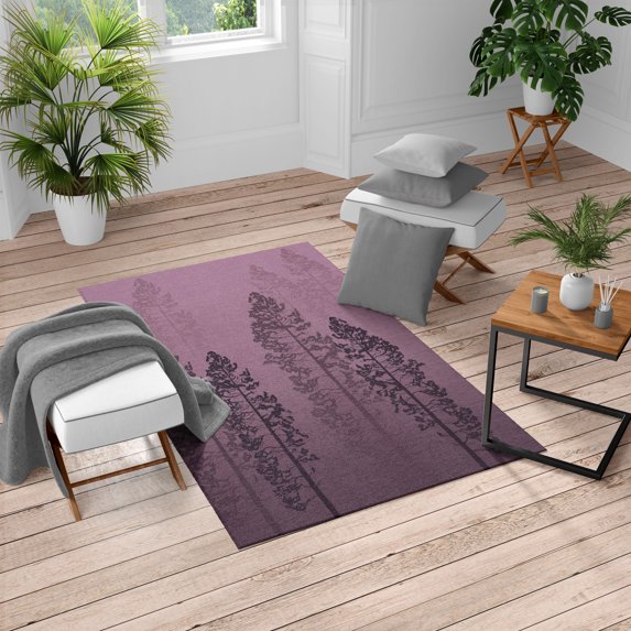 Country Turkish Area Rug, Pine Trees in the Forest on Foggy Seem Ombre Backdrop Wildlife Adventure Art, Soft Carpet for Living Room Decor, 4' X 5.7', Pale Lilac, by Ambesonne