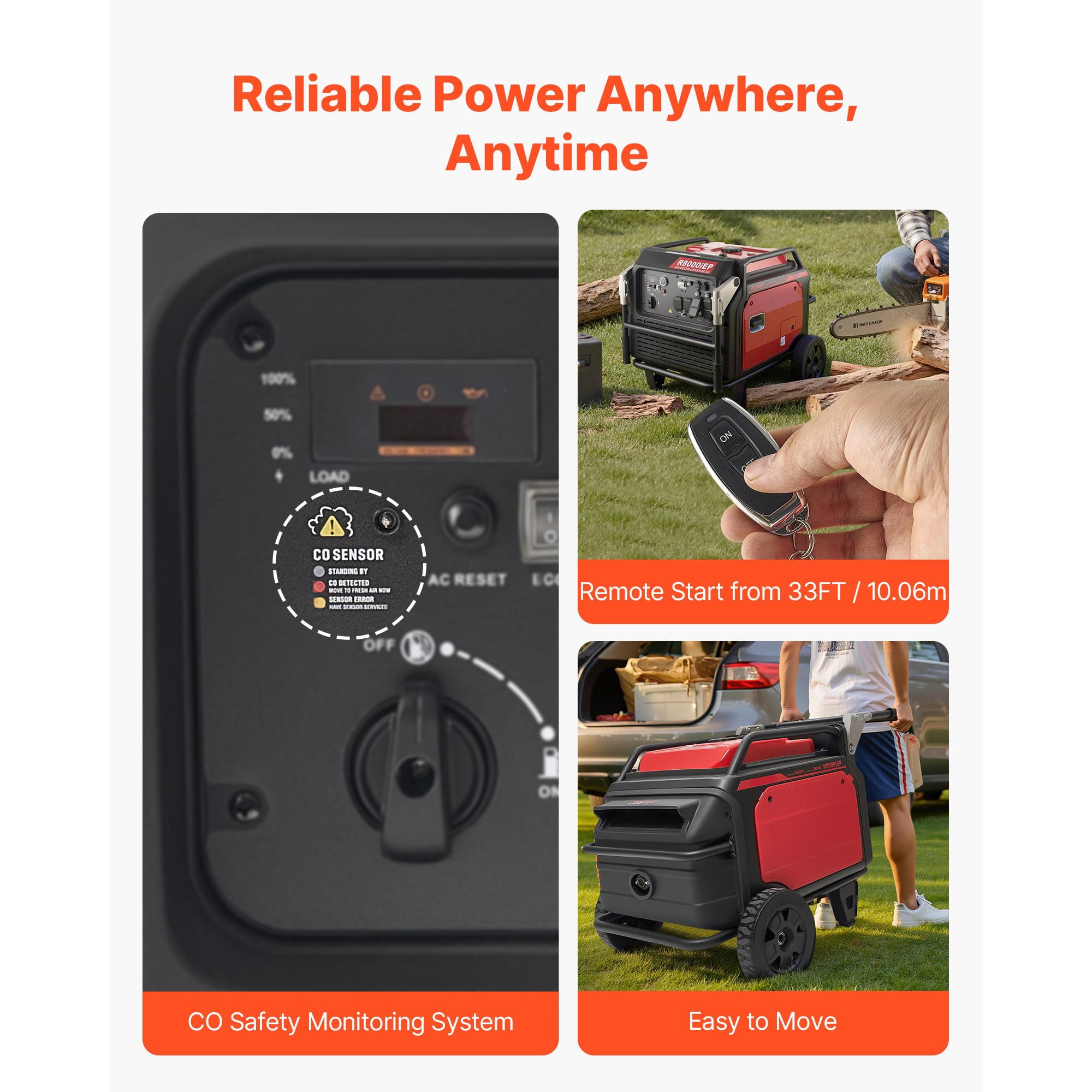 KFFKFF Portable Gas-Powered Inverter Generator, 10000W Peak Watt 6800W Operating Watt, Quiet Operation with Remote Start, Ideal for Home and Outdoor Use, Stable Performance, CO Sensor, RV-Compatible