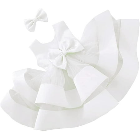 

3M-6T Toddler Girl Bowknot Backless Tutu Gown Ruffle Lace Tulle Pageant Dress Baby Party Dresses with Headwear White 80
