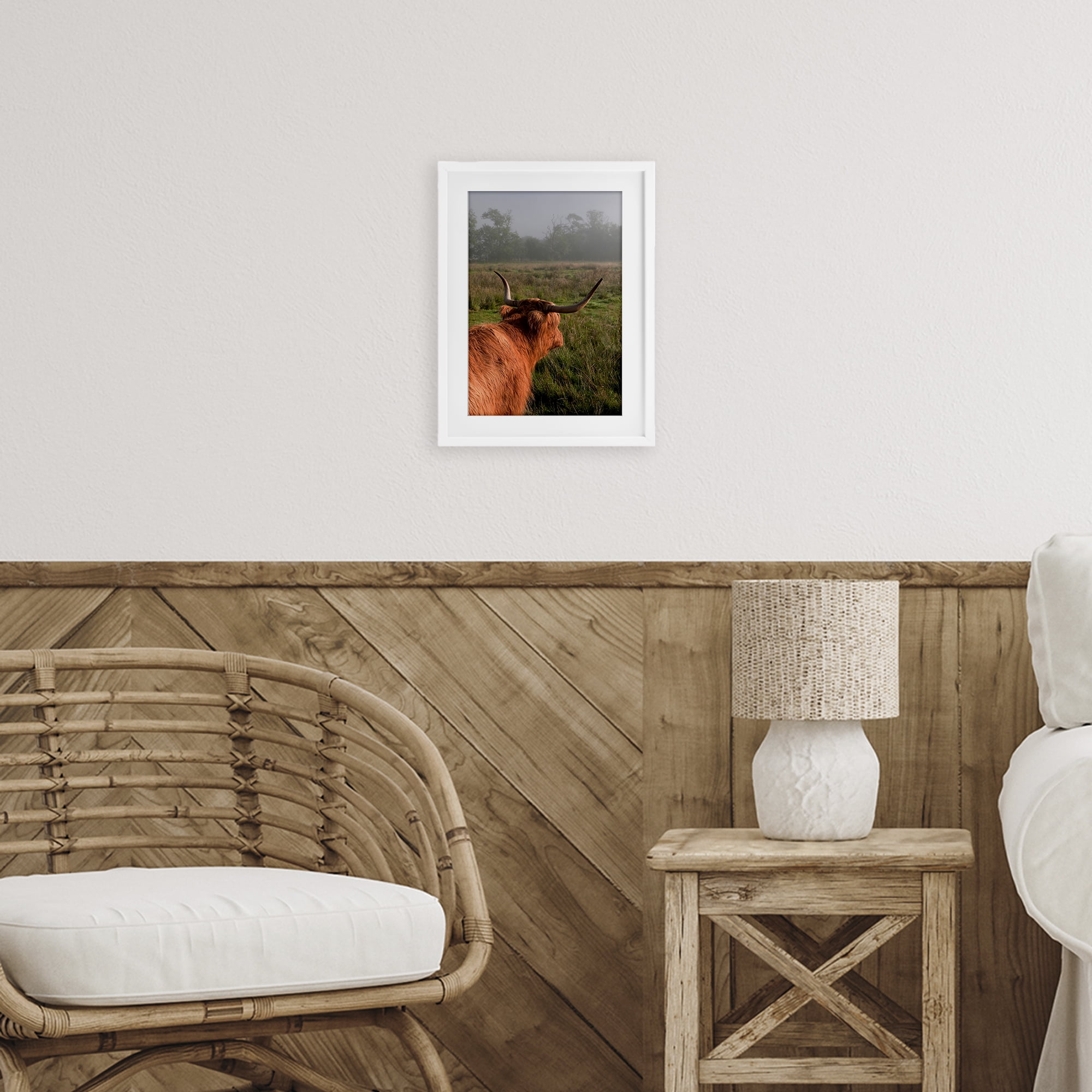 Highland Cow Gazing Out White Framed Print Under Glass, design by Jenny Rainbow Fine Art