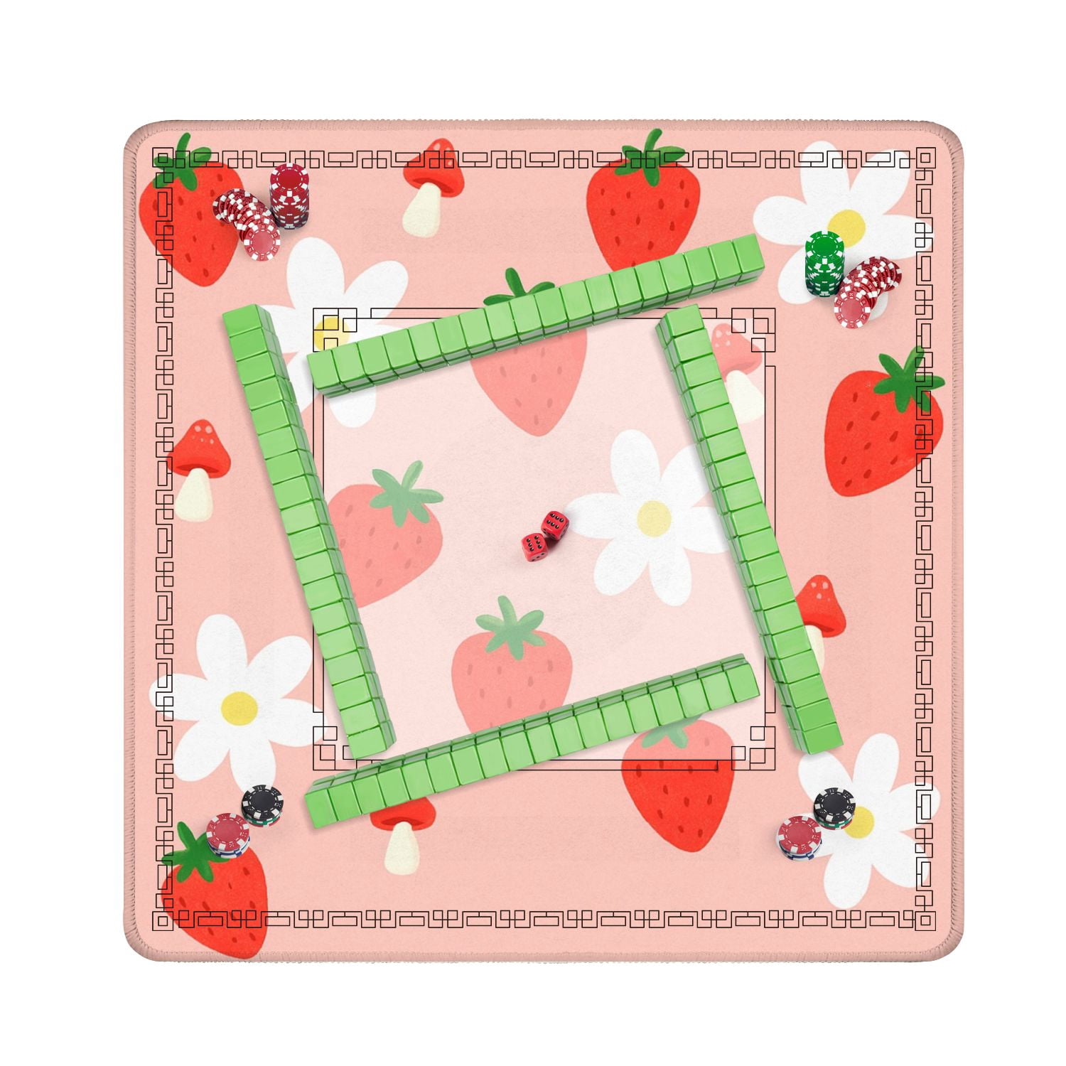 Mahjong Mat 31.5" x 31.5" Cute Strawberry Flower Mushrooms Pink Non-Slip Noise Reduction American Mahjong Tiles Table Cover for Dominoes Poker Card Board Games Gift