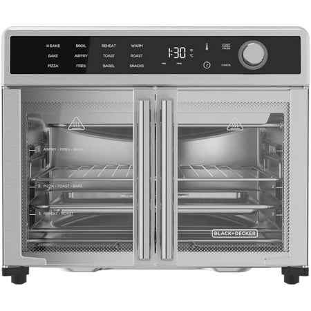 BLACK+DECKER Crisp N Bake Air Fryer Toaster Oven Combo 12 in 1 Countertop Convection Oven Cooks Food Fast Fits a Whole Pizza or 6 Toast Slices French Doors with Stainless Steel Finish