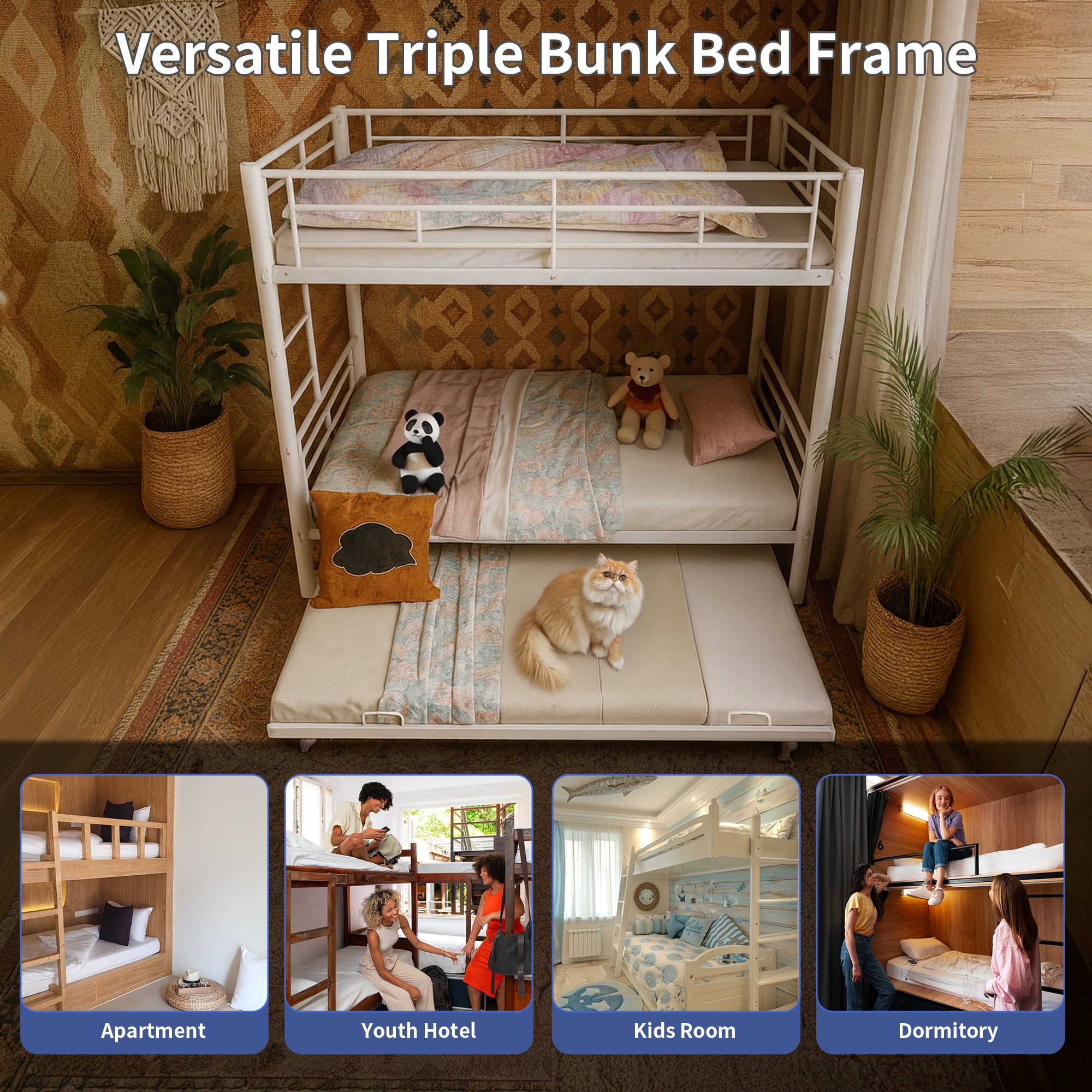 Alvantor Triple Bunk Beds Frame, Twin over Twin Bunk Bed with Trundle, Heavy Duty Metal Bed with Guardrail and Ladders, Divided Into 3 Twin Beds for Boys, Girls, Kids, Easy Assembly White