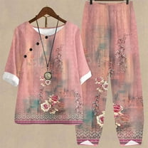 Edvintorg Matching Sets for Women Cotton Linen Summer Vintage Printed Half Sleeve Round Neck Cropped Top   Casual Pants Sets Two Piece Lounge Set M