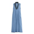 thumbnail image 5 of Eawtki Women's V Neck Sleeveless Maxi Dress Denim Trim With Pockets Loose Fit Casual Summer Linen Blend Dress, 5 of 7