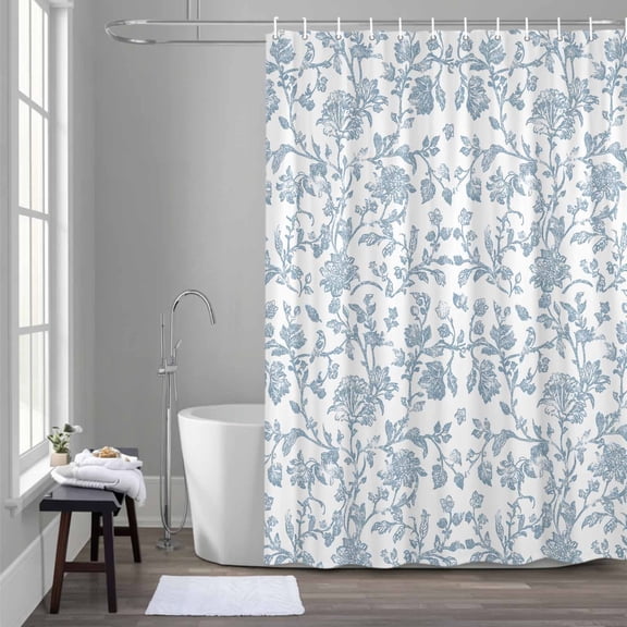 Pastoral Flowers Shower Curtain for Bathroom Decor, Vintage Light Blue Flower Farmhouse Plant Waterproof Fabric Shower Curtain, 54"x78" Set with 12 Hooks