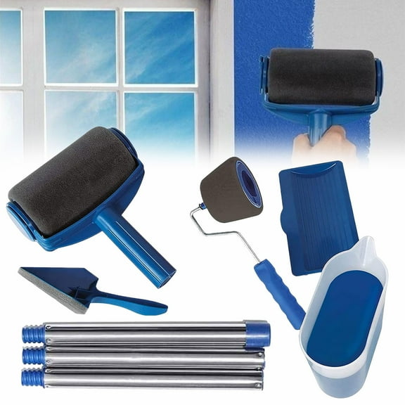 Uanit Paint Roller Brush Kit Wall Painting Handle Tool with Paint Runner Brush, Wall Printing Brush, 3 Extension Poles, Printing Brush Tray, Handle Flocked Edger Room for Walls and Ceiling