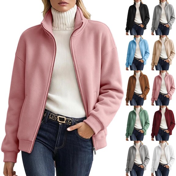 Fleece Jacket Women Zip Up Stand Collar Outerwear with Pockets Solid Color Lightweight Warm Jacket for Fall Daily Wear and Travel