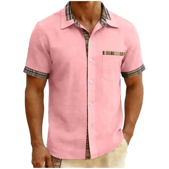 Jessboyy Men's Business Casual Button Down Shirts Short Sleeve Semi Formal Button up Work Shirt with Pockets Plaid Lined Summer Shirts Pink S