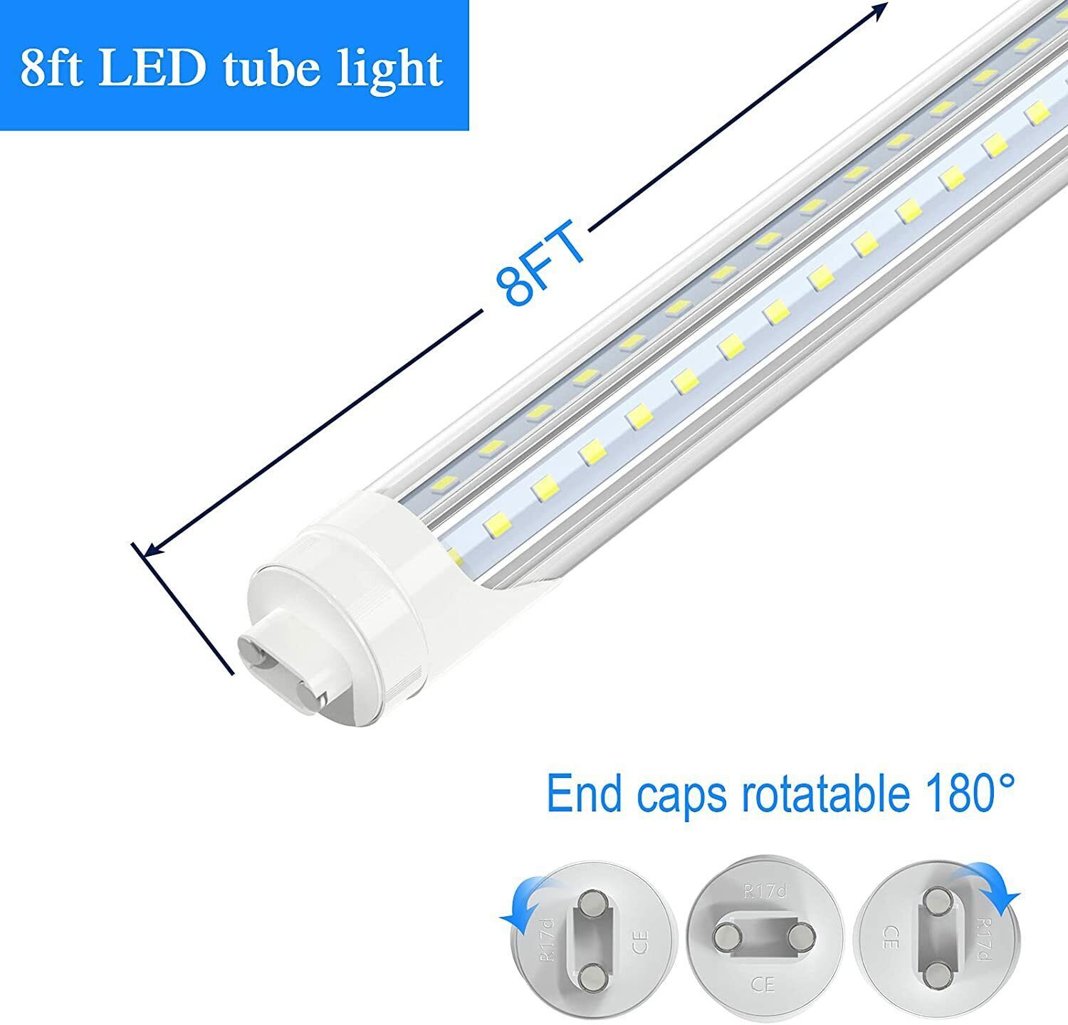 T8 8FT R17D Rotatable HO Base LED Tube Light 72W,270 Degree V Shaped LED Shop Light, 6000K Cool White,Clear Cover,85V-265V, 12 Pack