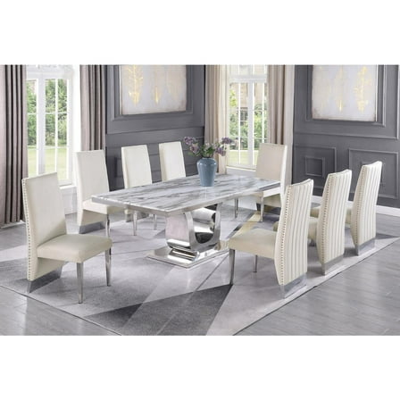 Silver Stainless Steel 9 Piece Dining Set with Marble Table and Cream Chairs