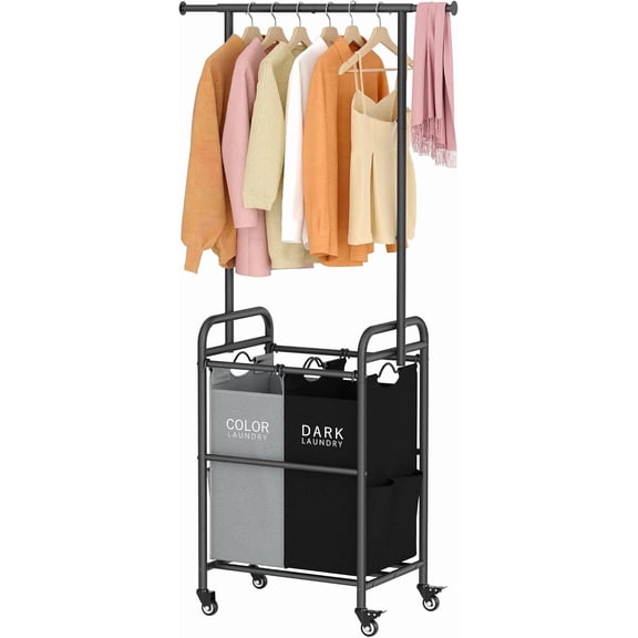 Laundry Sorter with Hanging Rack, 2 Section Rolling Laundry Hamper with Lockable Wheels and Removable Bag