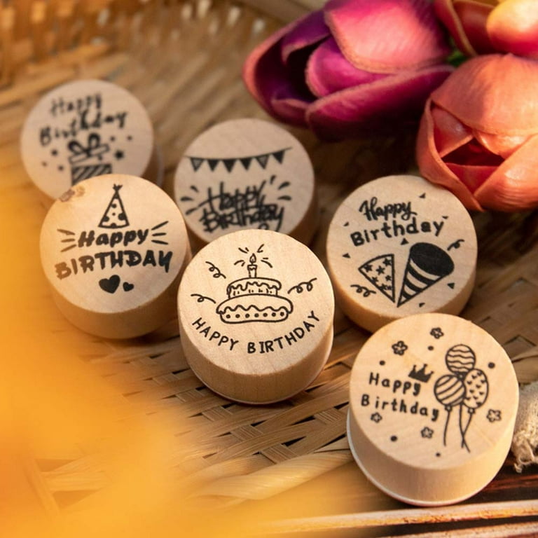 NUOLUX 6Pcs Retro Happy Birthday Wooden Round Seals Decorative DIY