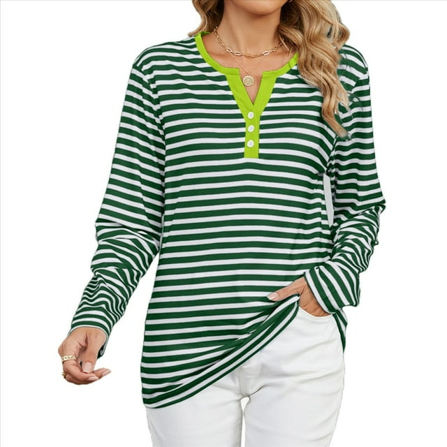 Camisetas de Larga A Rayas para Mujer, Informales, con Cuello en V, Bloques de Color, Corte Holgado, Básicas. Rayas M