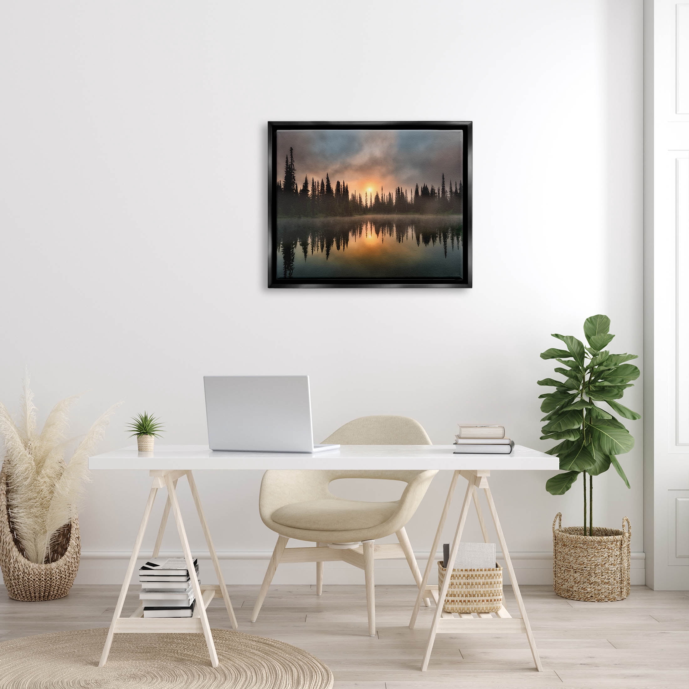 Stupell Industries Mysterious Lake Reflection Sunset Forest Photograph Jet Black Floating Framed Canvas Print Wall Art, Design by Dennis Frates
