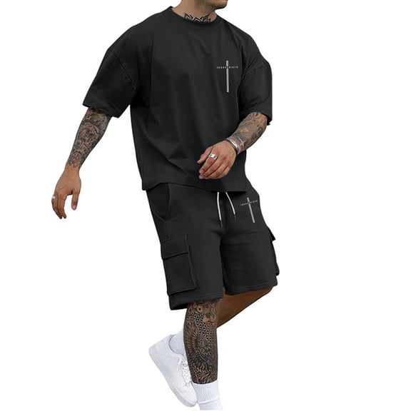 CONZONE Mens Summer Track Suits 2 Peice Sweatsuit for Men Letter Graphic Y2K Short Sleeve Shirts Shorts Outifts Cozy Loose Fit Athletic Tracksuit