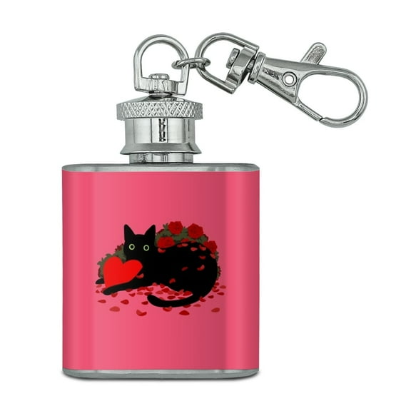 Black Cat Valentines Heart Rose Petals Love Stainless Steel 1oz Mini Flask Key Chain