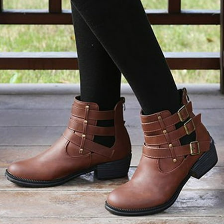 

Autumn And Winter New Mid-Heel Hollow Belt Buckle Round Head Women s Boots