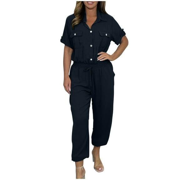 Cargo Jumpsuit for Women Casual Button Down Lapel Neck Short Sleeve Drawstring Waist Romper with Pockets