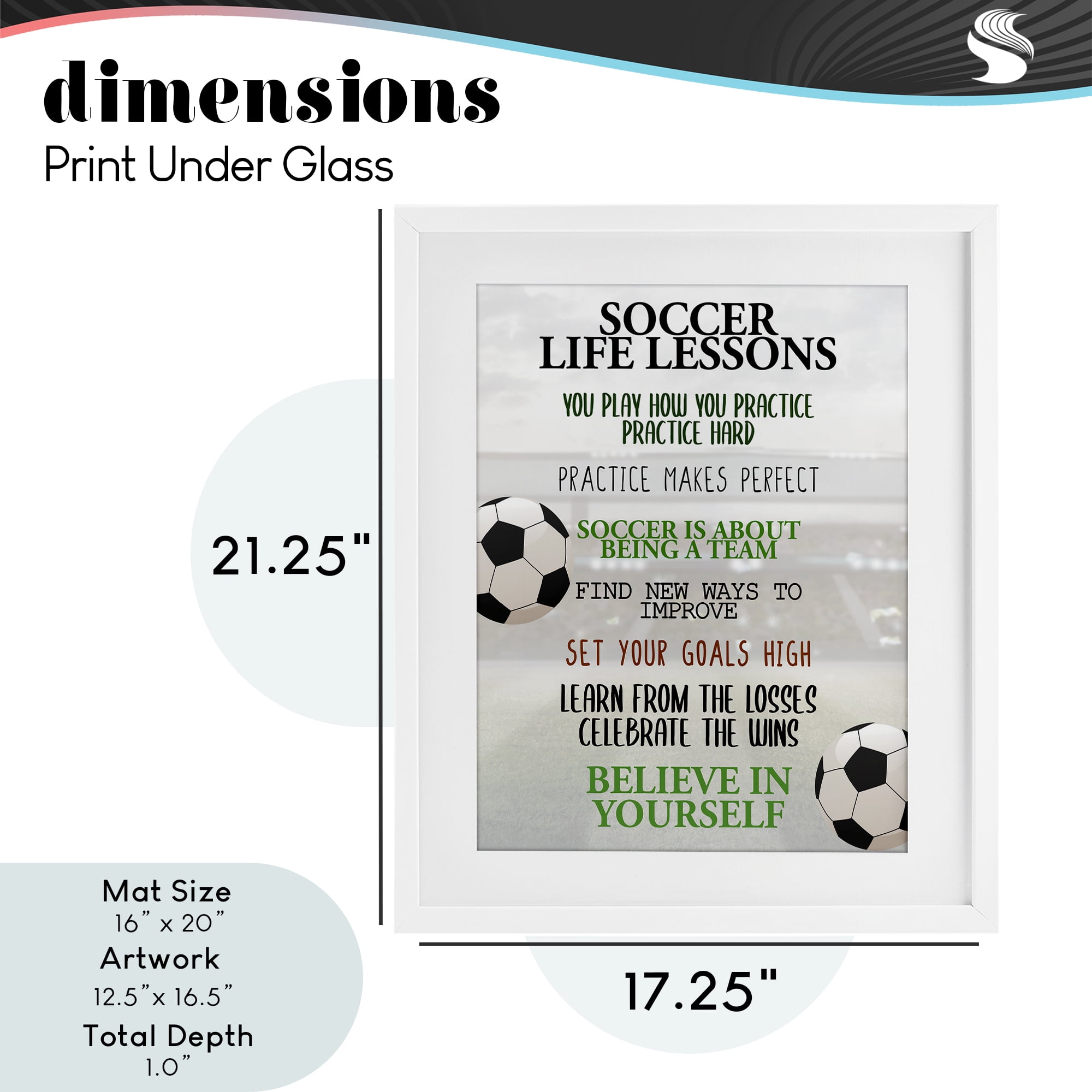 Soccer Life Lessons White Framed Print Under Glass, design by Kim Allen
