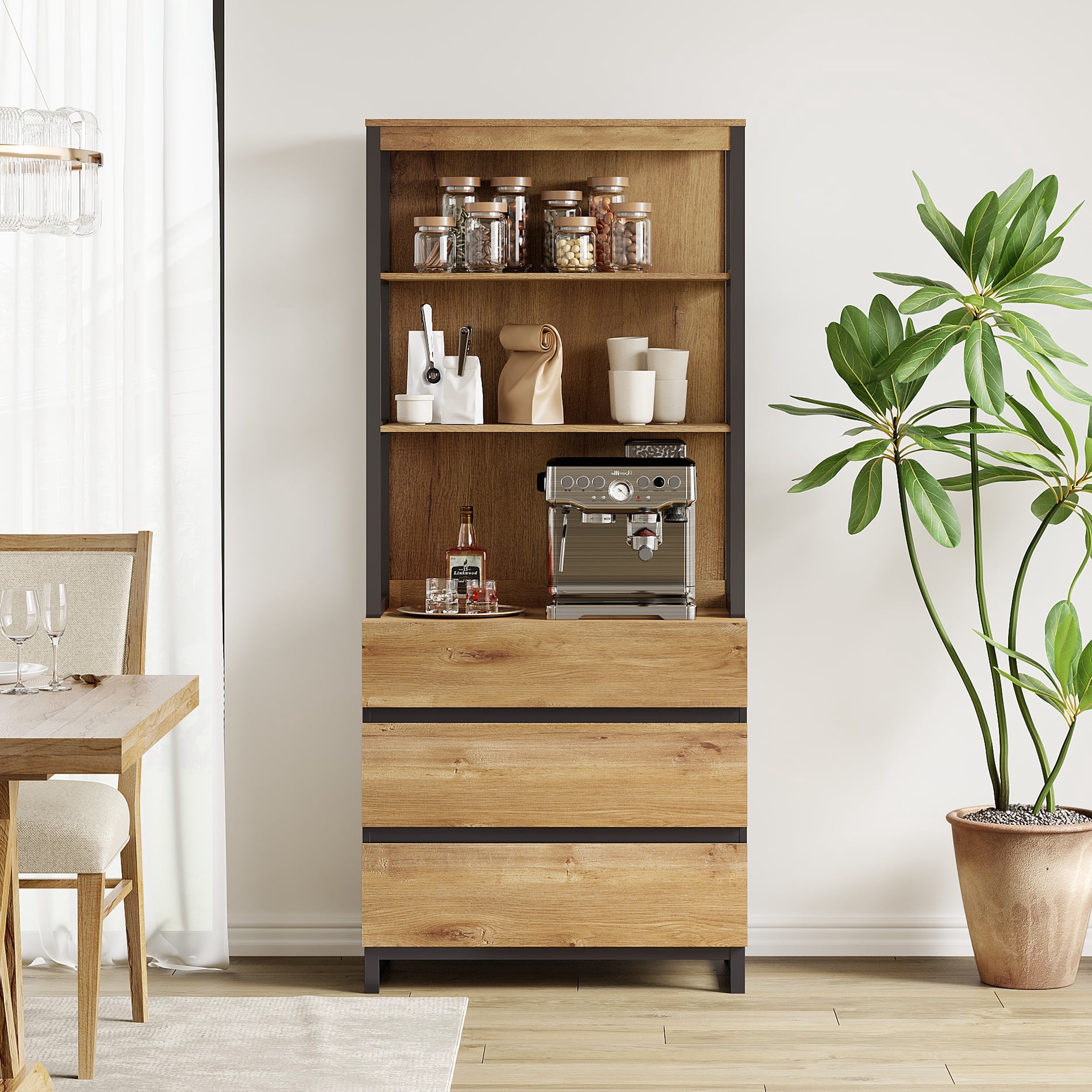 WAMPAT Modern 72" Tall Freestanding Bookcase, 3 Drawers & Open Shelves with Storage Cabinet, Wood Library Bookshelf for Home Office & Living Room