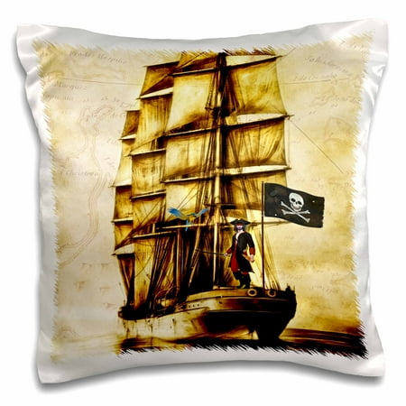 Ship Map - 3dRose Vintage Pirate Ship with Parrot and Old World Map - Pillow Case, 16 by 16-inch