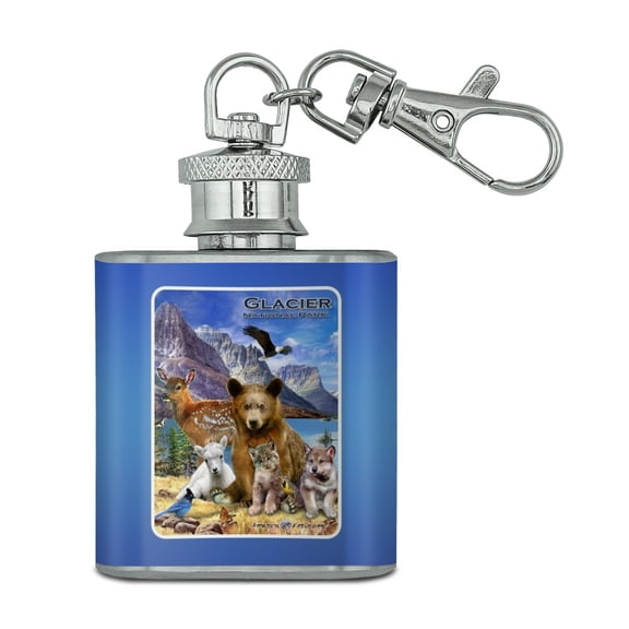 Glacier National Park Montana Animals Bear Eagle Deer Bobcat Wolf Stainless Steel 1oz Mini Flask Key Chain
