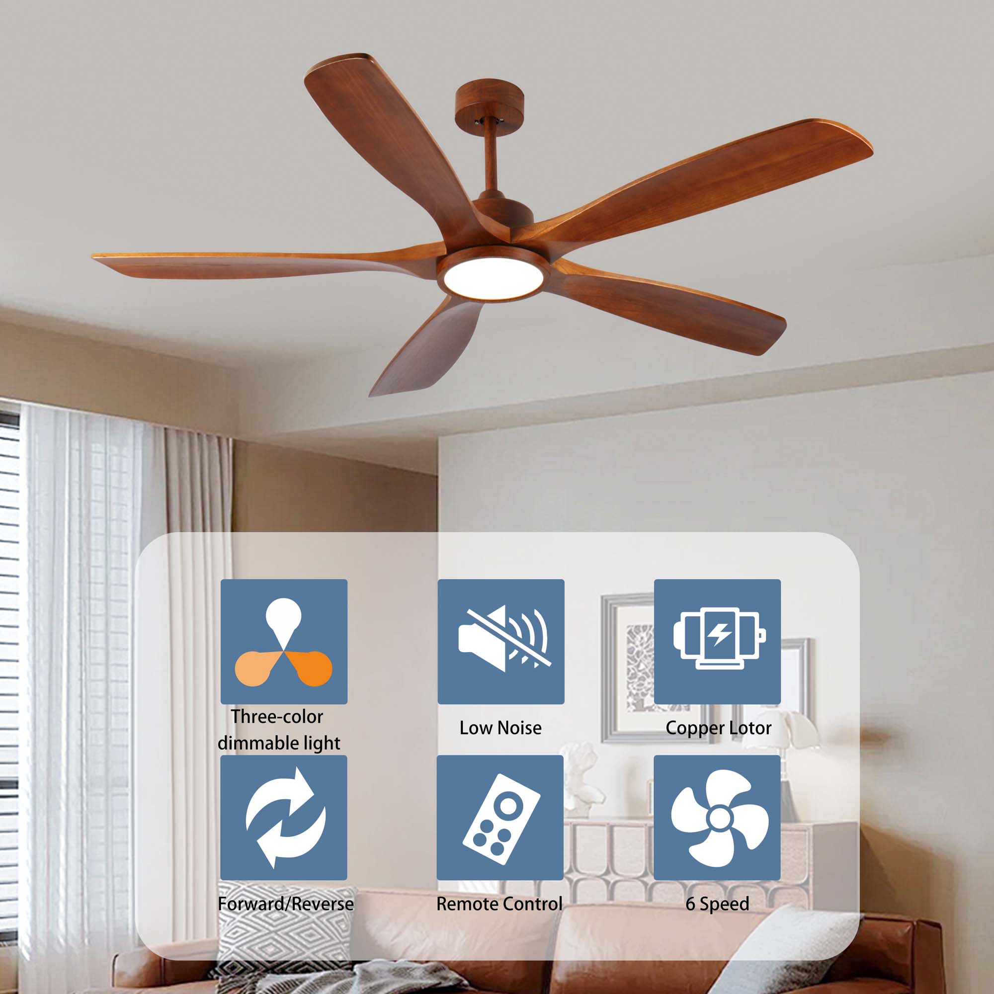 Miniyam 60 inch Wood Ceiling Fan with Lights and Remote, 5 Solid Wood Blades, Low Profile Ceiling Fan with Light, 6 Speed, Reversible DC Motor, for Bedroom/Outdoor/Farmhouse/Patios