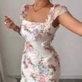 thumbnail image 7 of Aqua Green Womens Floral Mesh Ruched Midi Dress With Square Neckline And Ruffled Cap Sleeves, 7 of 7