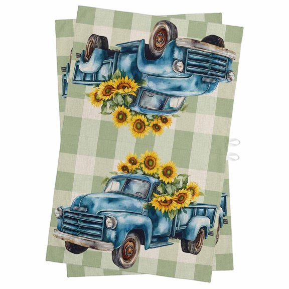 Blue Truck Yellow Sunflower Kitchen Towels Set of 2, Water Absorbent Dish Towel, Summer Sage Green Plaid Vintage Decorative Hand Towels - Quick Drying Cloth for Cooking Baking, 18x28 Inch