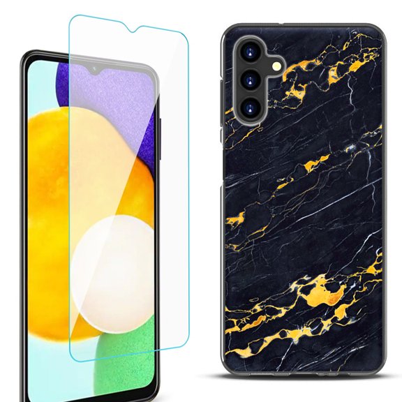 Slim-Fit Protective Fashion Phone Case (Black) for Samsung Galaxy A13 5G, with Tempered Glass Screen Protector, by OneToughShield ® - Marble / Lava