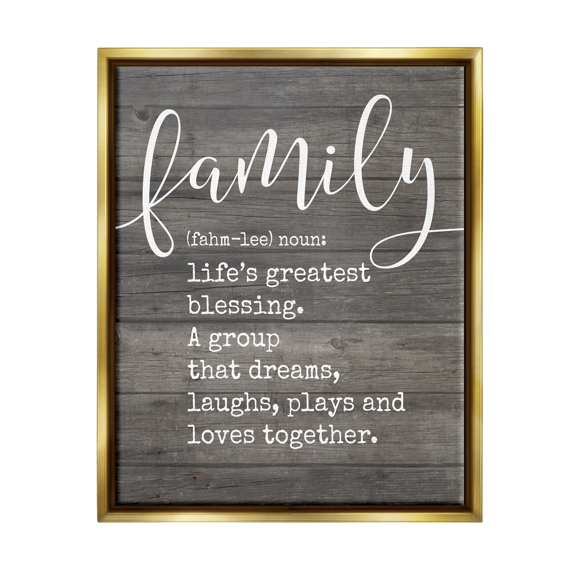 Stupell Industries Family Definition Planked Metallic Gold Framed Floating Canvas Wall Art, 24x30, by Lettered and Lined