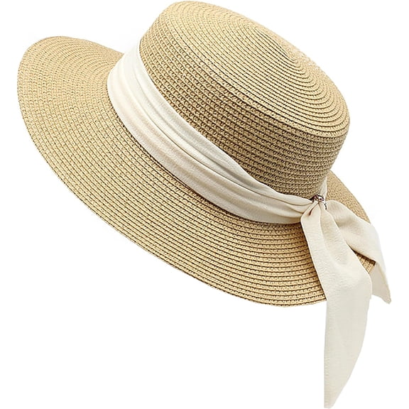 Kukuzhu Holiday Straw Beach Hat for Womens Wide Brim Bow Ribbon Boater Hat Flat Top Classic Sun Hats for Summer Small/Medium