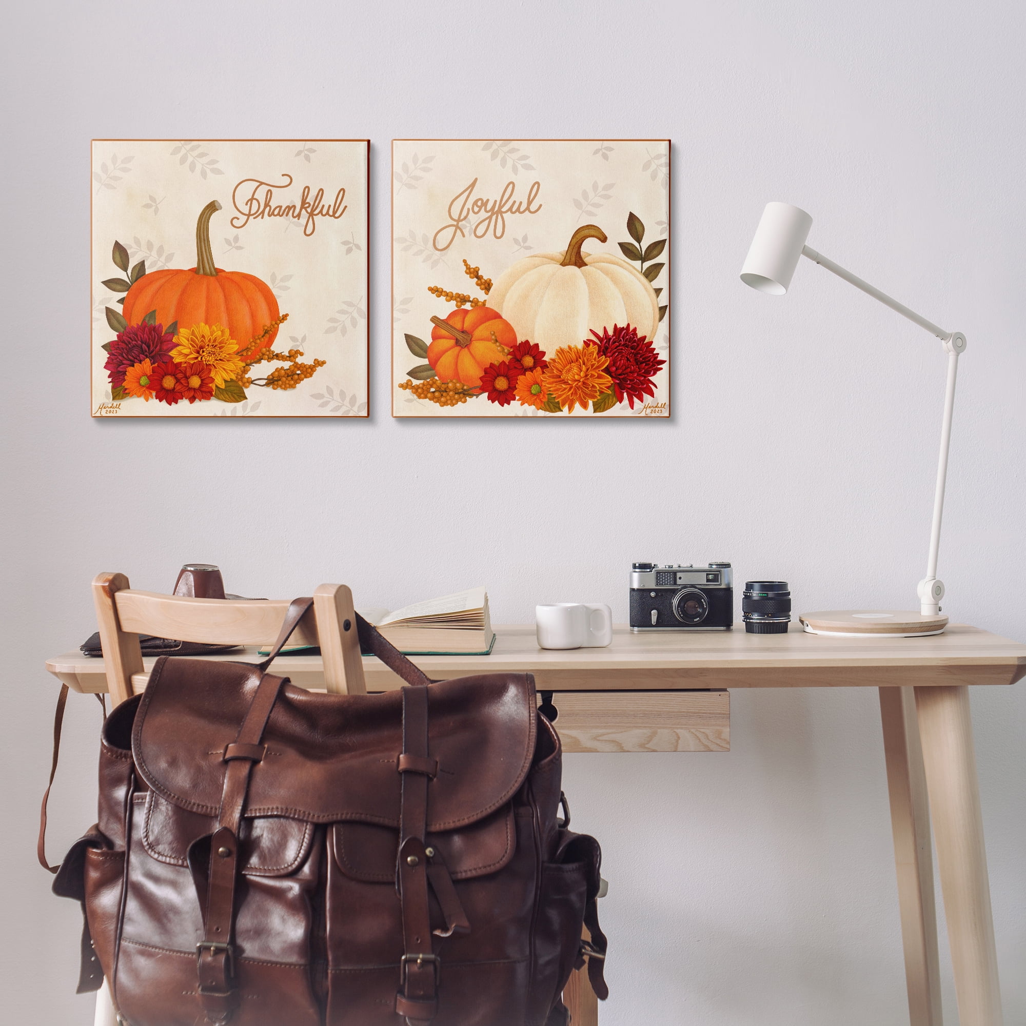 Stupell Industries Joyful Thankful Sentiment Pumpkin Holiday Painting Gallery Wrapped Canvas Art Prints Wall Art, 17 x 17, Set of 2