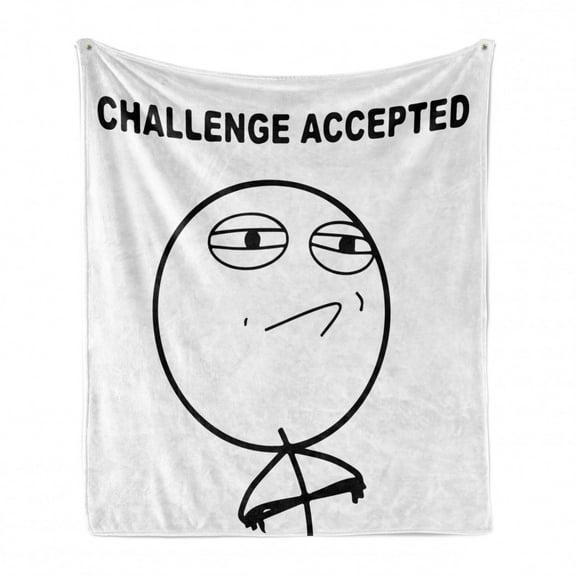 Humor Soft Flannel Fleece Throw Blanket, Challenge Accepted Guy Meme Caricature Man Trippy Styled Modern Picture, Cozy Plush for Indoor and Outdoor Use, 70" x 90", Black and White, by Ambesonne