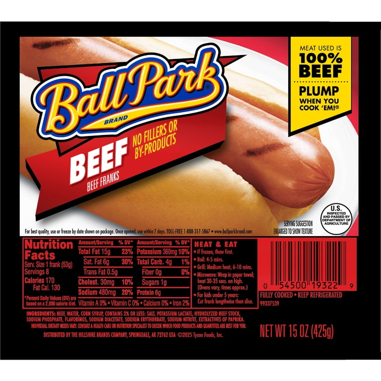 Ball Park 100% Beef Hot Dogs, 15 oz, 8 Count, 6g Protein per