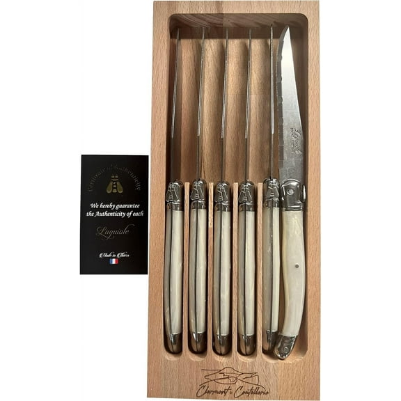 Laguiole Serrated Edge Sharp Premium Dishwasher Safe Full Tang Stainless Steel 6-Piece Steak Knife Set, Shiny Cream Handle