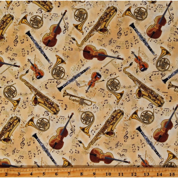 Cotton Symphony Instruments Violin Clarinet Saxophones French Horns Trumpets Metallic Gold Accents Cotton Fabric Print by the Yard (MUSIC-CM3237-GOLD)