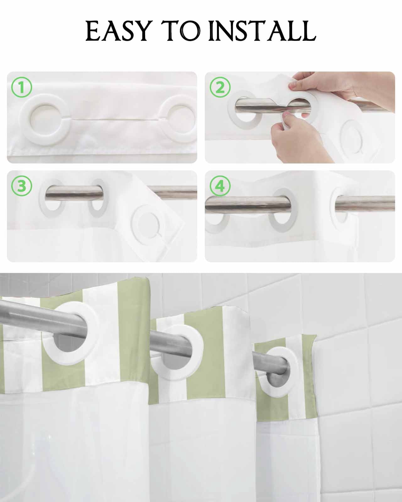 No Hook Shower Curtain with Snap in Liner, Sage Green and White Striped Geometric Hotel Shower Curtains for Bathroom, Washable Shower Curtain Liner Set with Mesh Top Window, 54"x78"
